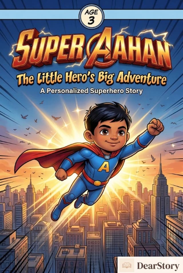 A sample page of a DearStory custom personalized storybook featuring a young boy character illustrated in a vivid modern art style.