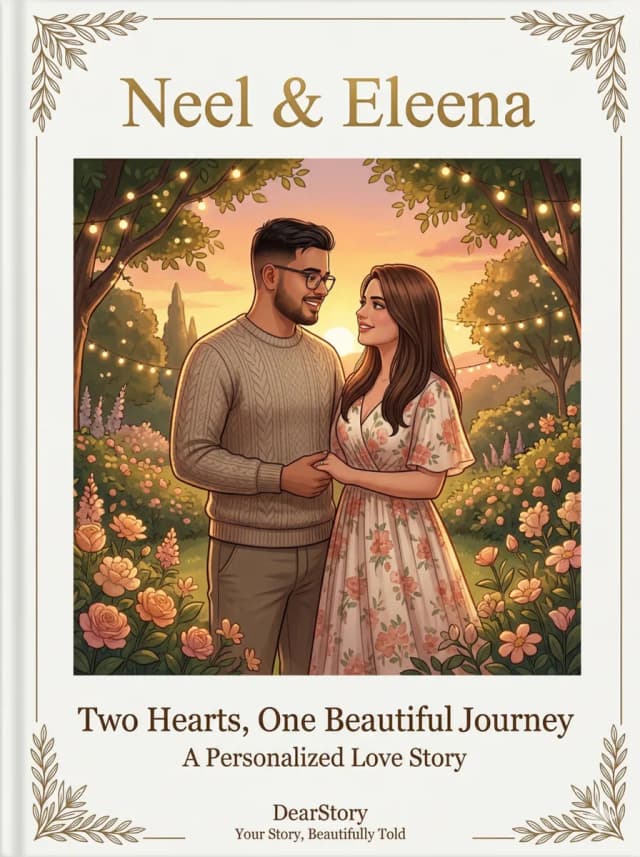 Heartwarming personalized love storybook cover featuring a romantic couple and their journey told through illustrations.