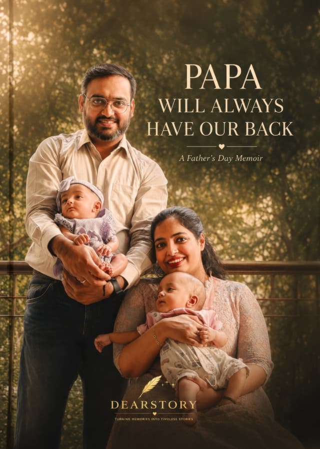 Cover photo of a father and his wife holding their two baby children, with elegant typography reading PAPA WILL ALWAYS HAVE OUR BACK.