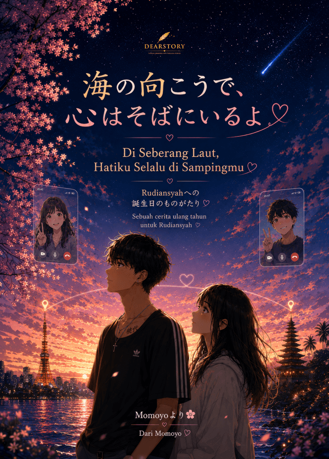 DearStory personalized romantic storybook cover created for a long-distance couple in Japan and Indonesia.