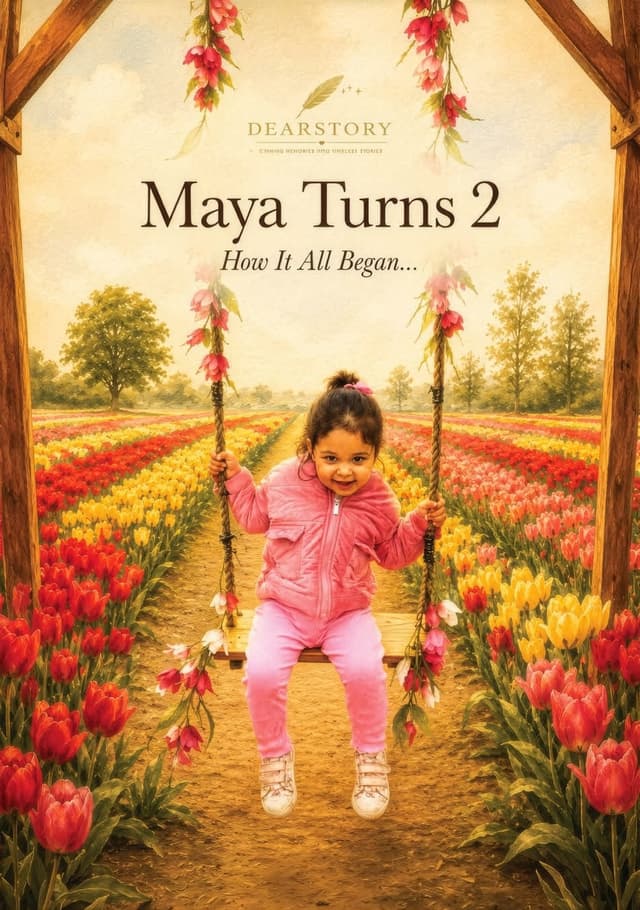 DearStory illustrated children's birthday book cover titled Maya Turns 2 — How It All Began.